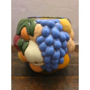 Vintage 3D Ceramic Fruit Planter Cachepot Jar 6" Majolica Grapes Tuscan Decor